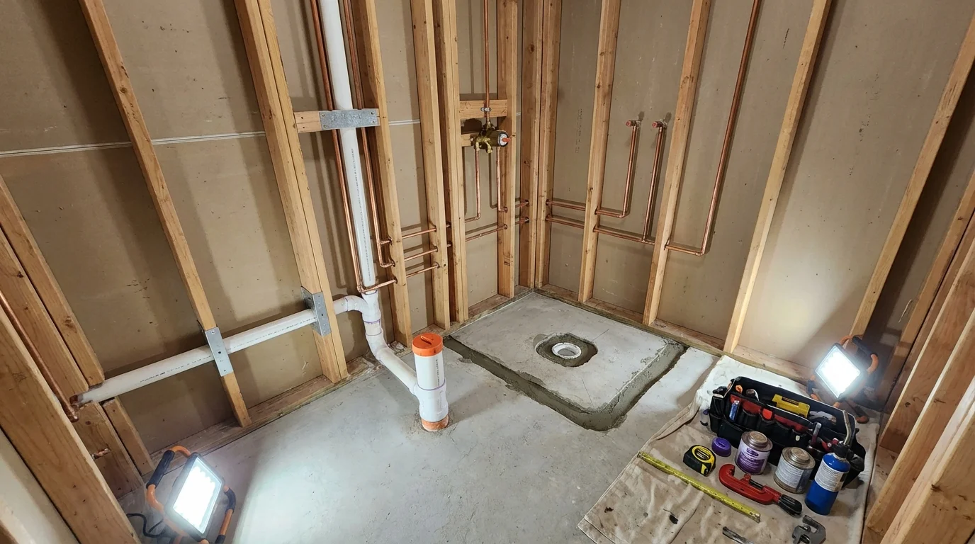 Bathroom rough-in plumbing during remodel by Johns Plumbing LLC in Mahomet