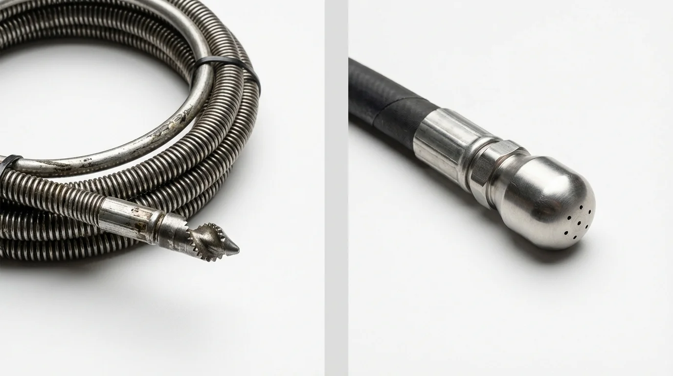 Drain snake cable and hydro jetting nozzle used for drain cleaning in Mahomet, IL