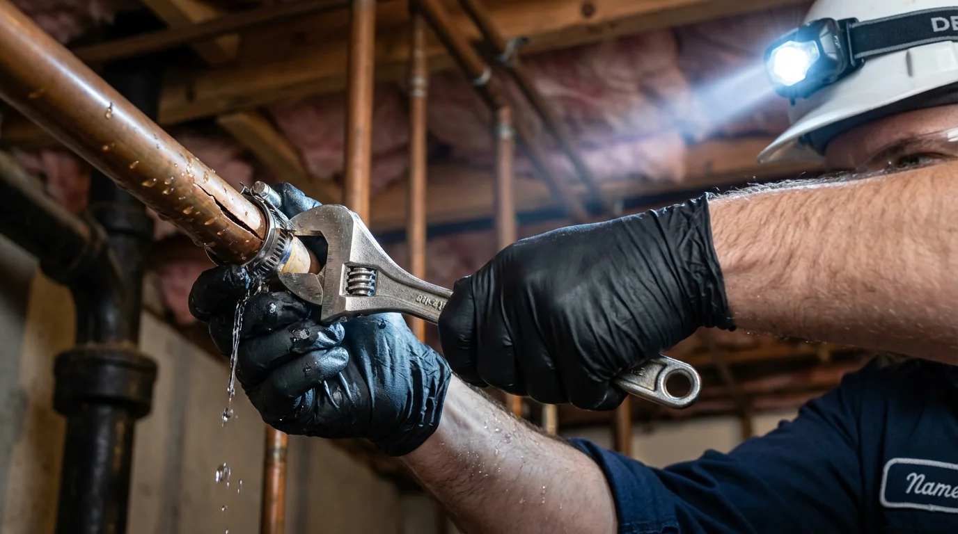 Emergency pipe clamp repair being performed by a Johns Plumbing LLC plumber in Mahomet