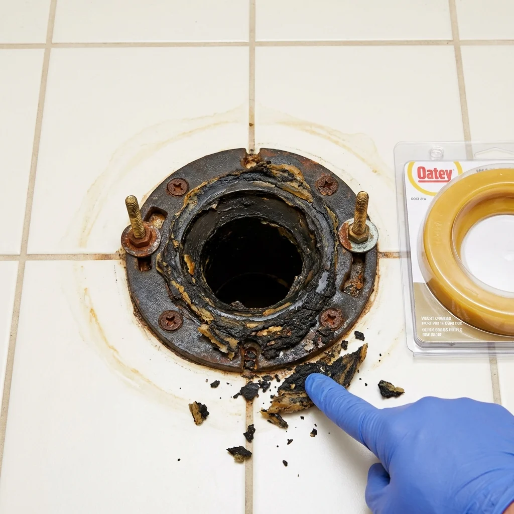 Failed wax ring showing water seepage at the base of a toilet in a Mahomet, IL home