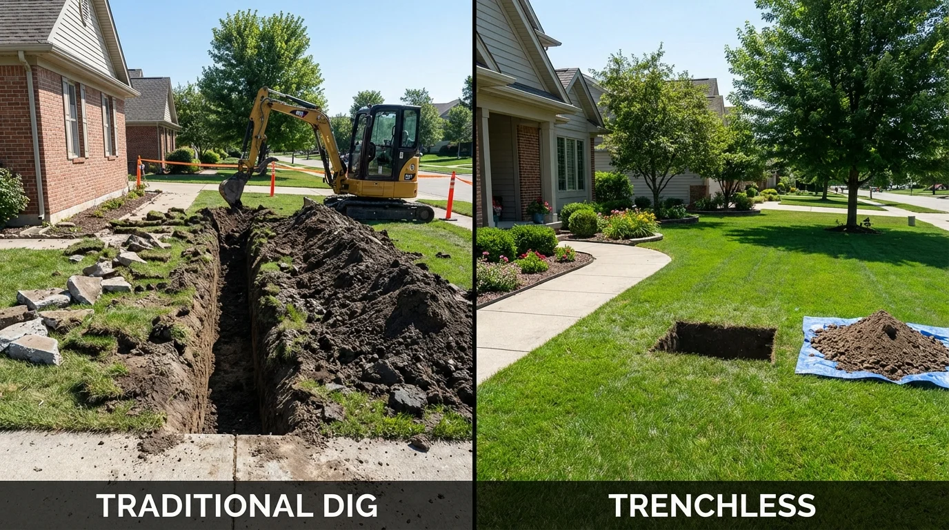 Trenchless sewer repair with minimal yard damage versus traditional excavation in Mahomet, IL
